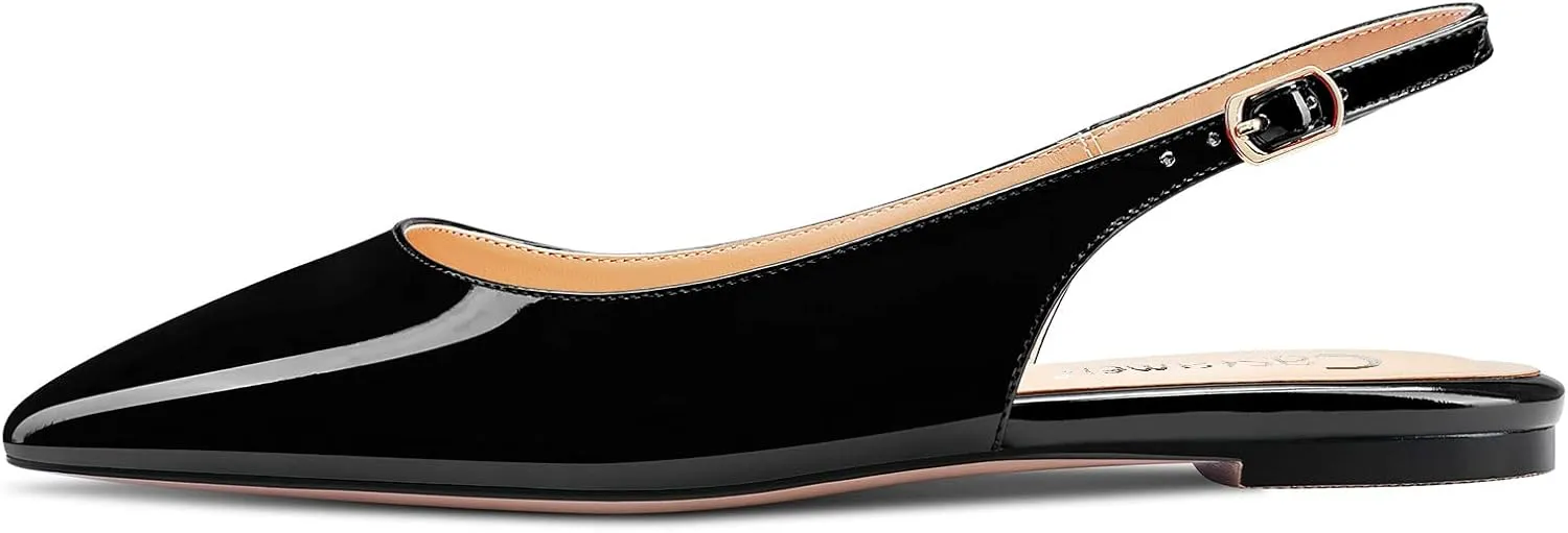 DearOnly Womens Flats Pumps Pointed Toe Slingback Classic Dress Shoes Patent Leather Sandals