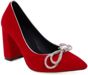 DEERBUNNY Women's Suede Slip On Court Shoes Zircon Bows Pointed Toe Block Heels Pumps Formal Occasions Mid High Heels Dress Shoes