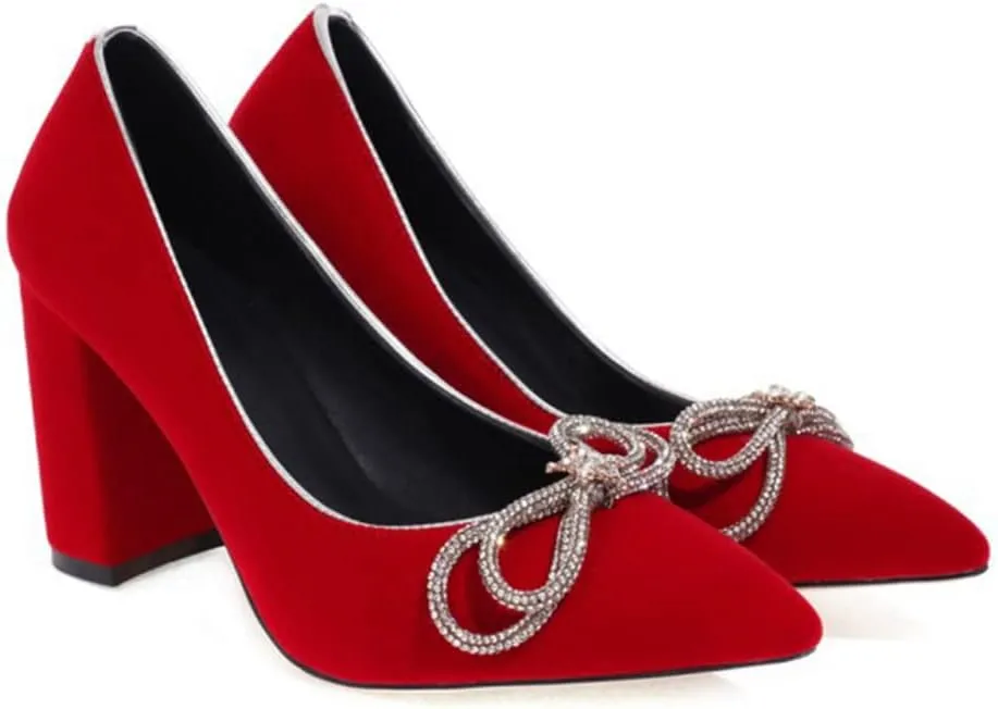DEERBUNNY Women's Suede Slip On Court Shoes Zircon Bows Pointed Toe Block Heels Pumps Formal Occasions Mid High Heels Dress Shoes