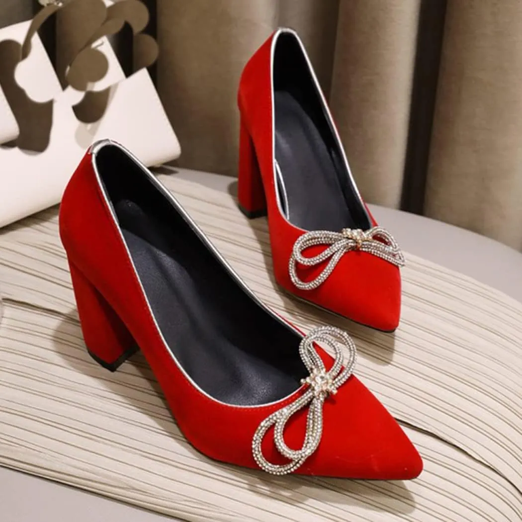 DEERBUNNY Women's Suede Slip On Court Shoes Zircon Bows Pointed Toe Block Heels Pumps Formal Occasions Mid High Heels Dress Shoes