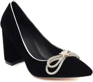 DEERBUNNY Women's Suede Slip On Court Shoes Zircon Bows Pointed Toe Block Heels Pumps Formal Occasions Mid High Heels Dress Shoes