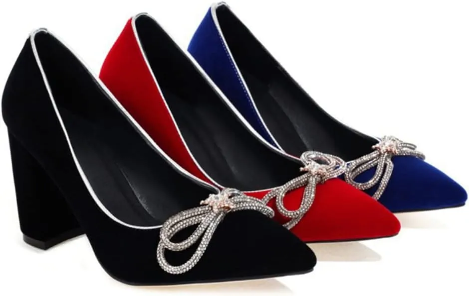 DEERBUNNY Women's Suede Slip On Court Shoes Zircon Bows Pointed Toe Block Heels Pumps Formal Occasions Mid High Heels Dress Shoes