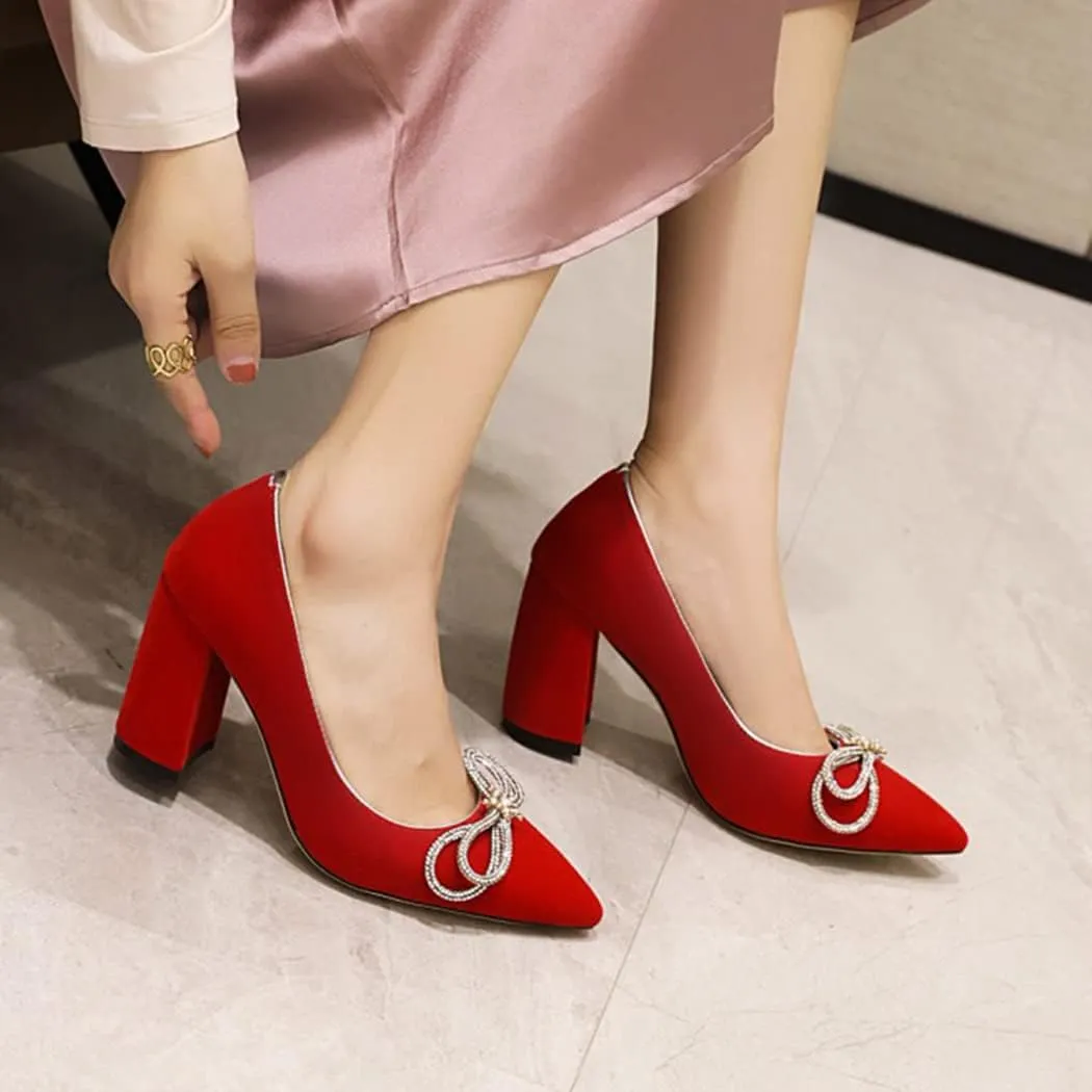 DEERBUNNY Women's Suede Slip On Court Shoes Zircon Bows Pointed Toe Block Heels Pumps Formal Occasions Mid High Heels Dress Shoes