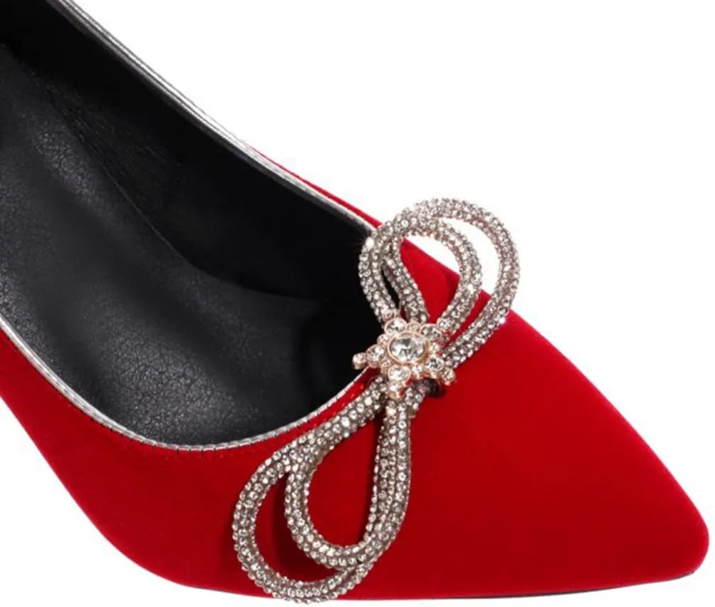 DEERBUNNY Women's Suede Slip On Court Shoes Zircon Bows Pointed Toe Block Heels Pumps Formal Occasions Mid High Heels Dress Shoes