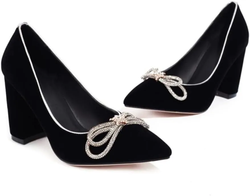 DEERBUNNY Women's Suede Slip On Court Shoes Zircon Bows Pointed Toe Block Heels Pumps Formal Occasions Mid High Heels Dress Shoes