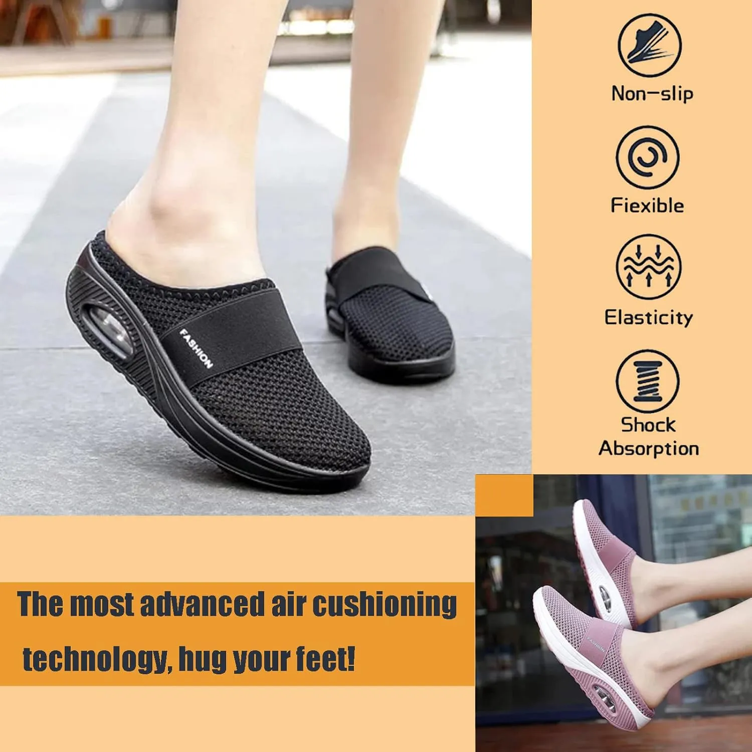Diabetic Air-Cushion Slip-On Walking Shoes, Orthopedic Diabetic Slippers, with Arch-Support for Women