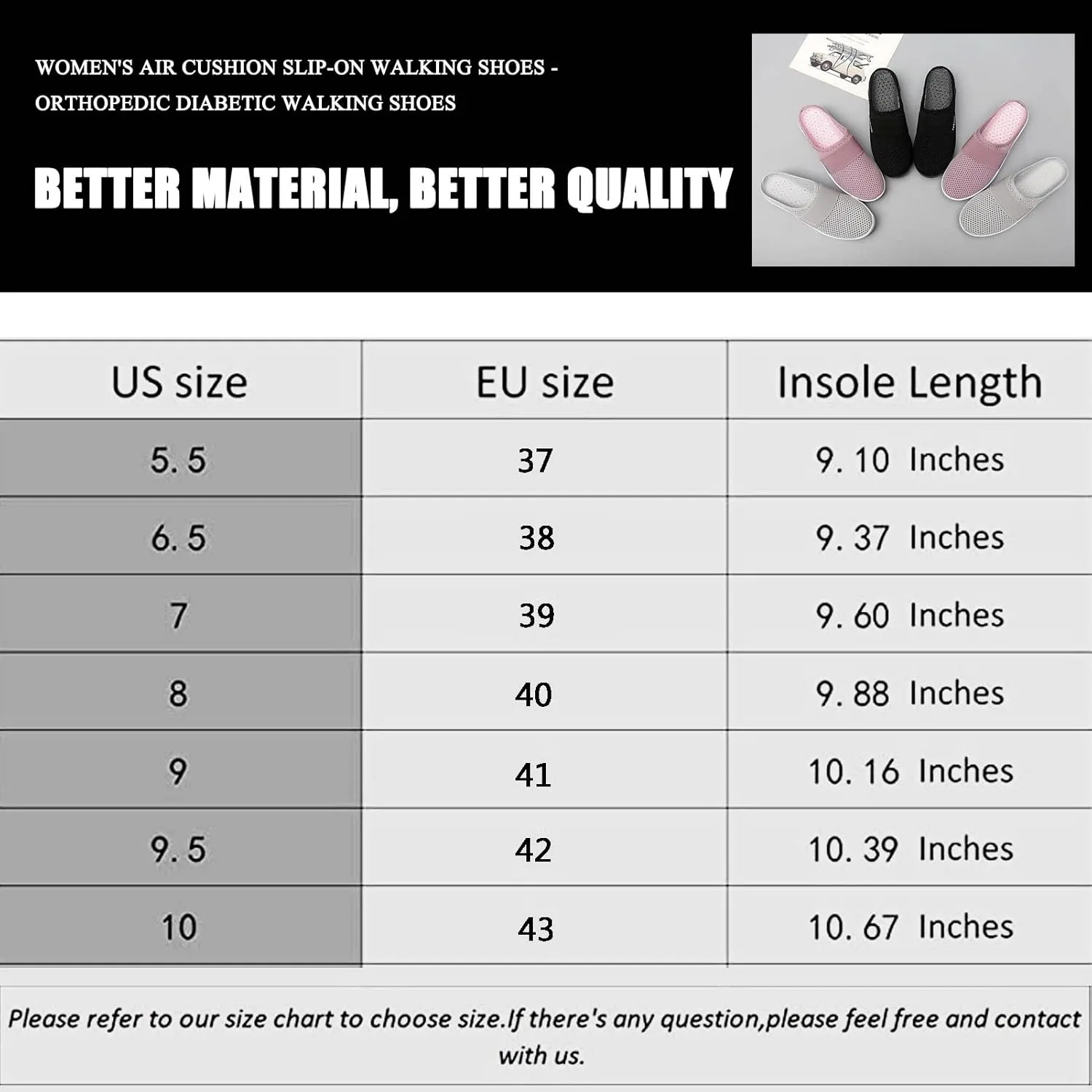 Diabetic Air-Cushion Slip-On Walking Shoes, Orthopedic Diabetic Slippers, with Arch-Support for Women