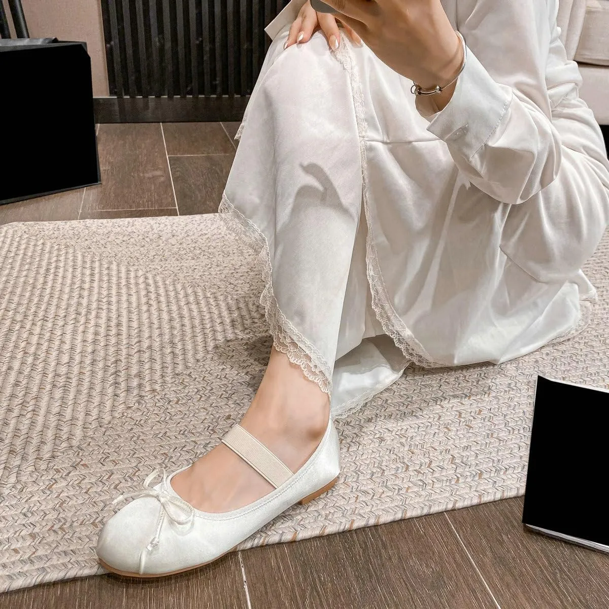 DINTAHA Ballet Flats with Strap Bow Mary Jane Flats for Women,Satin Wedding Dress Shoes