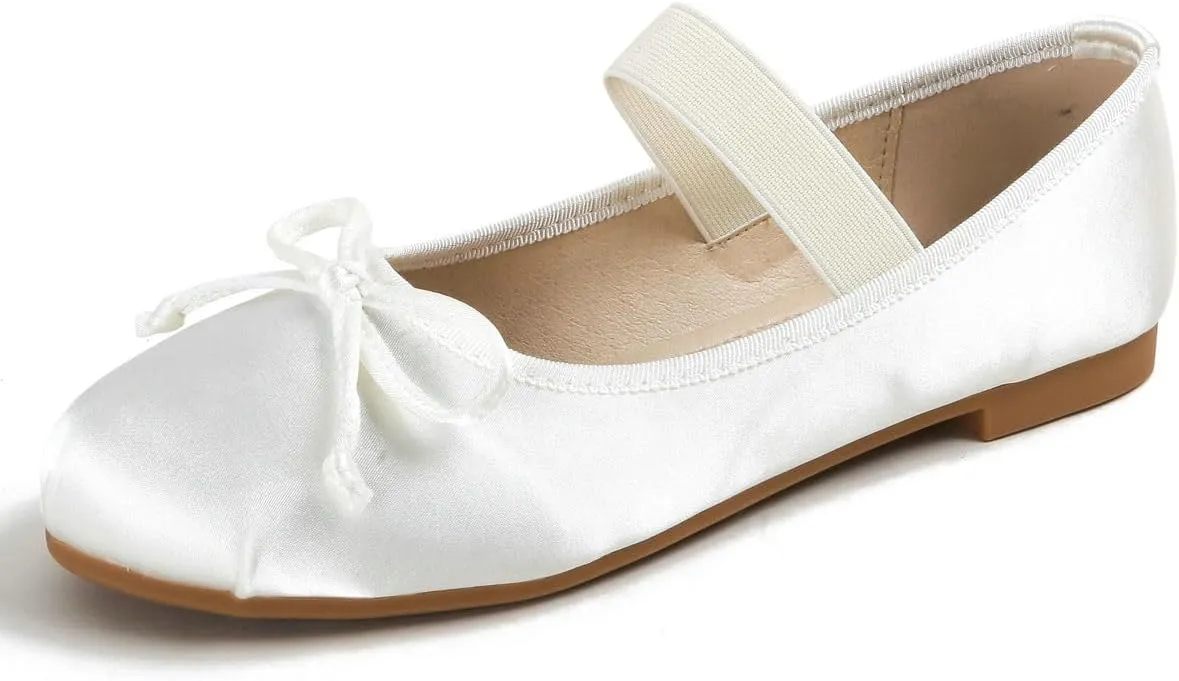 DINTAHA Ballet Flats with Strap Bow Mary Jane Flats for Women,Satin Wedding Dress Shoes