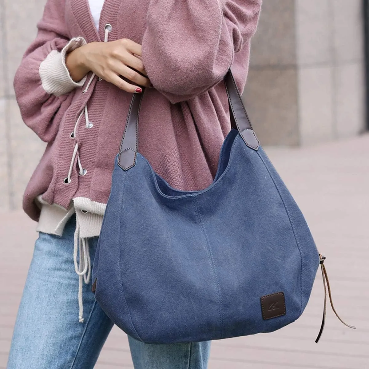 DOURR Women's Multi-pocket Shoulder Bag Fashion Cotton Canvas Handbag Tote Purse