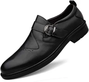 Dress Oxford for Men Slip On Round Toe Monk Strap Cowhide Block Heel Low Top Non Slip Resistant Walking Suitable for Many Occasions
