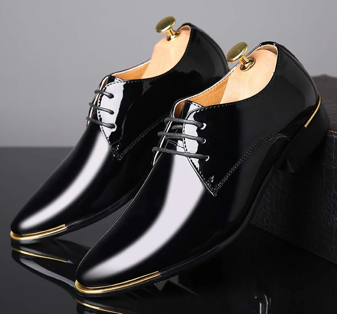 Dress Shoes Men Classic Pointed-Toe Patent Leather Lace-up Formal Oxford Shoes Black Brown Red Grey