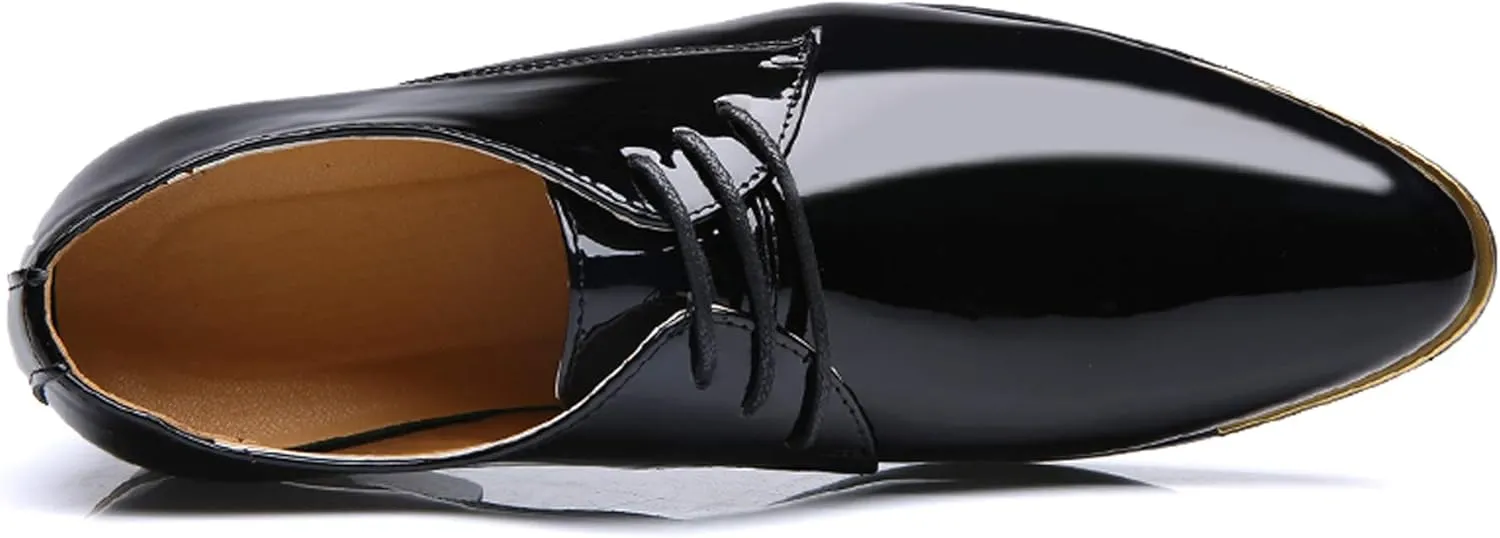 Dress Shoes Men Classic Pointed-Toe Patent Leather Lace-up Formal Oxford Shoes Black Brown Red Grey