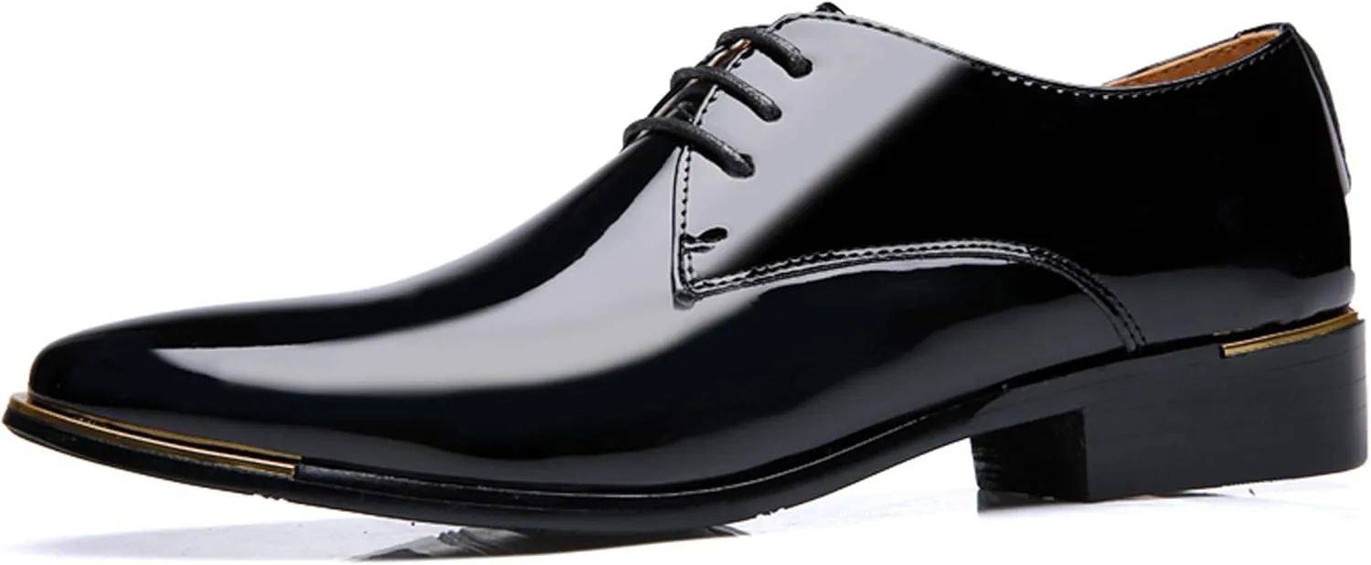 Dress Shoes Men Classic Pointed-Toe Patent Leather Lace-up Formal Oxford Shoes Black Brown Red Grey