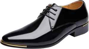 Dress Shoes Men Classic Pointed-Toe Patent Leather Lace-up Formal Oxford Shoes Black Brown Red Grey