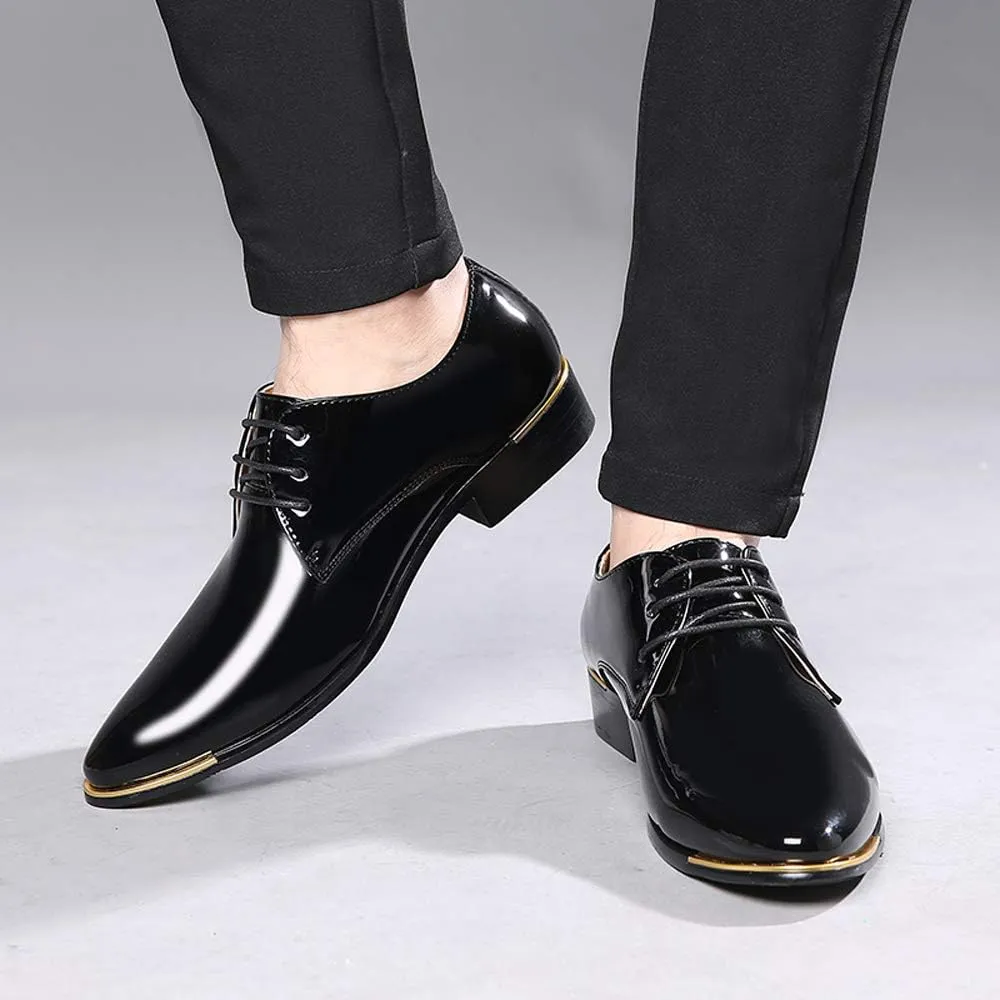 Dress Shoes Men Classic Pointed-Toe Patent Leather Lace-up Formal Oxford Shoes Black Brown Red Grey