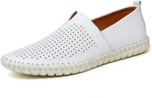 Driving Loafer for Men Casual Shoes Slip on Synthetic Leather Round Toe Solid Color Stitching Rubber Sole Splice Antislip (Perforated Option) (Color : White, Size : 11 M US)
