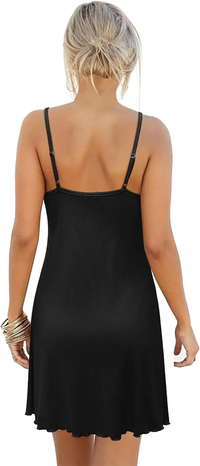 Ekouaer Women's Nightgown Sleeveless Lace Chemise Sleepwear Ribbed Knit Night Dress