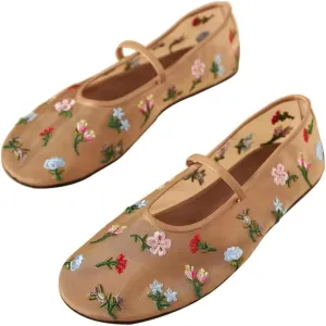 Elbslutt Mesh Ballet Flats for Women Slip On Ballerina Flats Shoes Tulle Floral Embroidered Mary Jane Flats Shoes Nude Buckle Strap Round Toe Comfortable Casual Work Dress Shoes