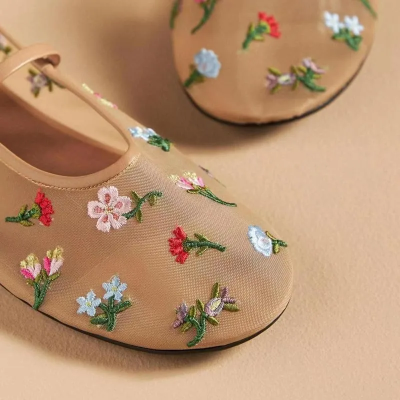 Elbslutt Mesh Ballet Flats for Women Slip On Ballerina Flats Shoes Tulle Floral Embroidered Mary Jane Flats Shoes Nude Buckle Strap Round Toe Comfortable Casual Work Dress Shoes