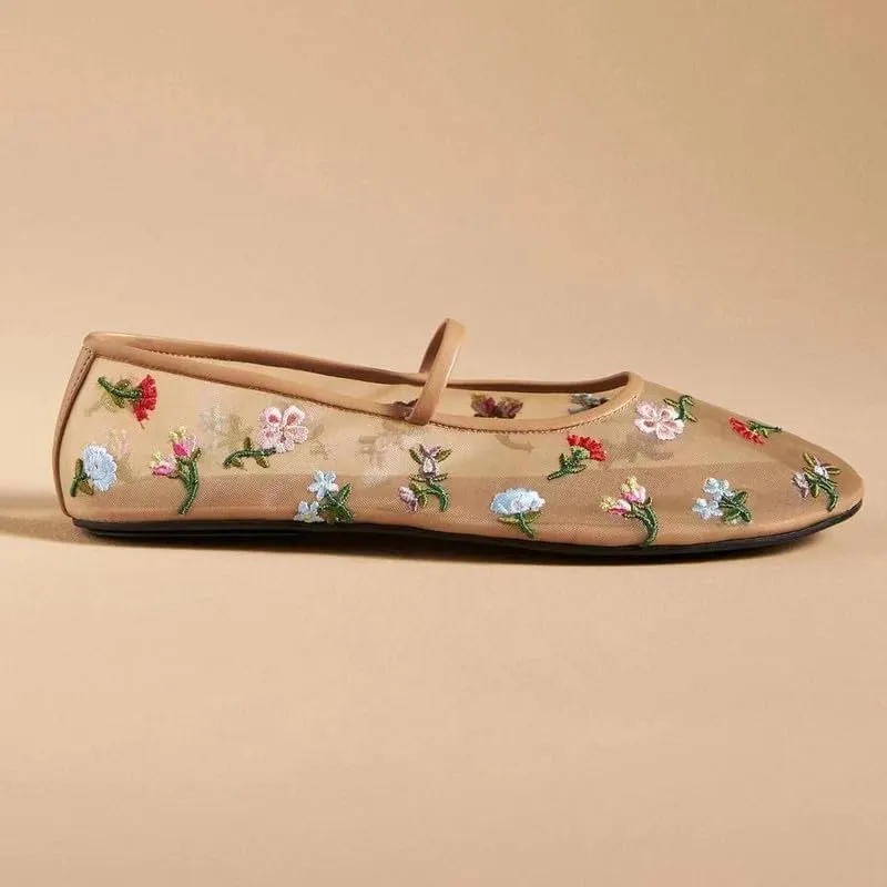 Elbslutt Mesh Ballet Flats for Women Slip On Ballerina Flats Shoes Tulle Floral Embroidered Mary Jane Flats Shoes Nude Buckle Strap Round Toe Comfortable Casual Work Dress Shoes