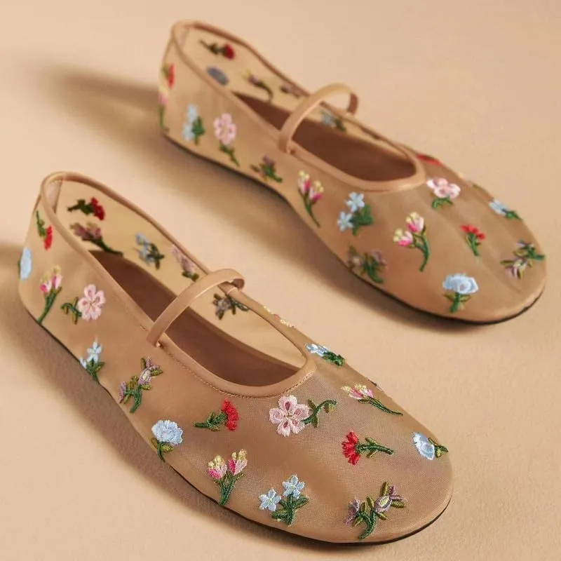 Elbslutt Mesh Ballet Flats for Women Slip On Ballerina Flats Shoes Tulle Floral Embroidered Mary Jane Flats Shoes Nude Buckle Strap Round Toe Comfortable Casual Work Dress Shoes