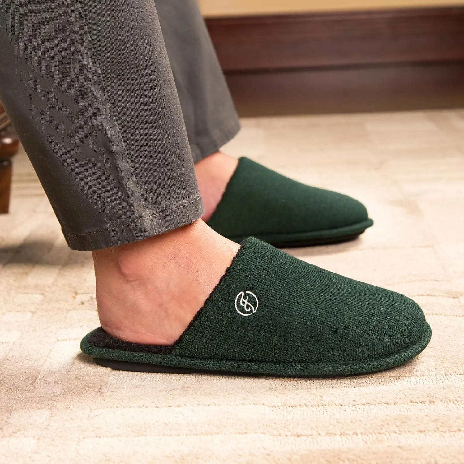 EverFoams Men's Cotton Knit Slippers Lightweight Memory Foam Indoor House Shoes with Anti-Skid Sole
