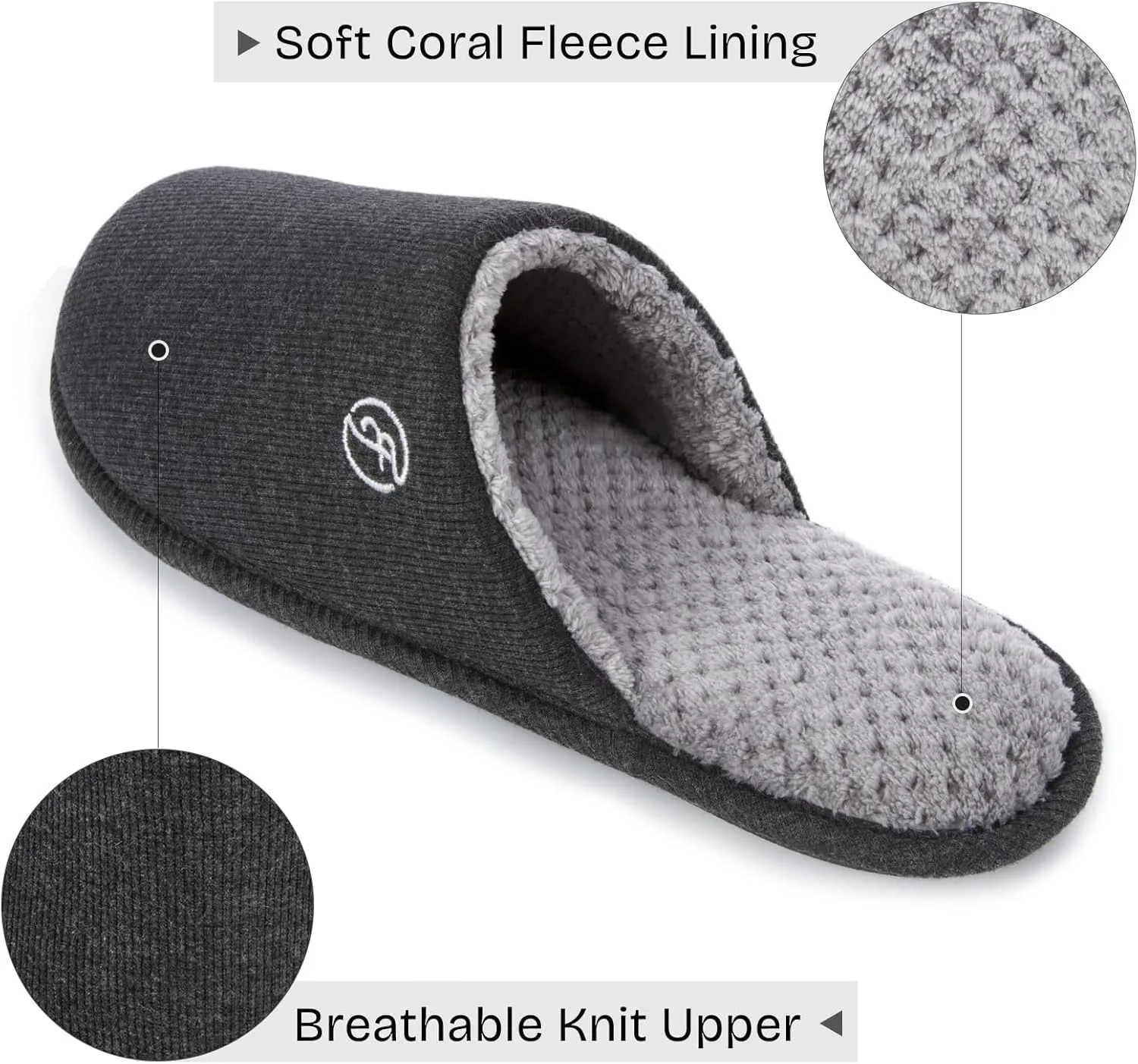EverFoams Men's Cotton Knit Slippers Lightweight Memory Foam Indoor House Shoes with Anti-Skid Sole