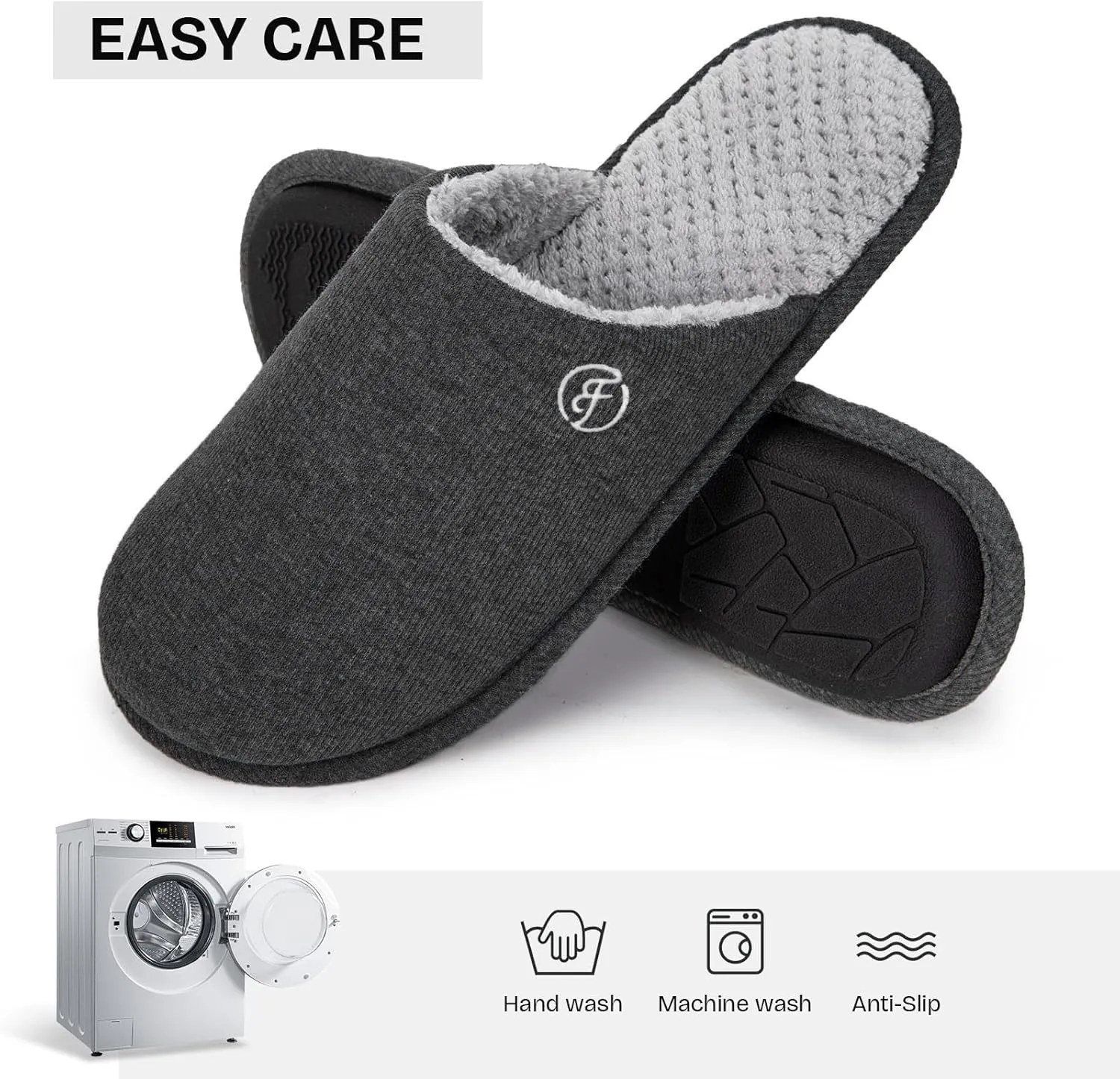 EverFoams Men's Cotton Knit Slippers Lightweight Memory Foam Indoor House Shoes with Anti-Skid Sole