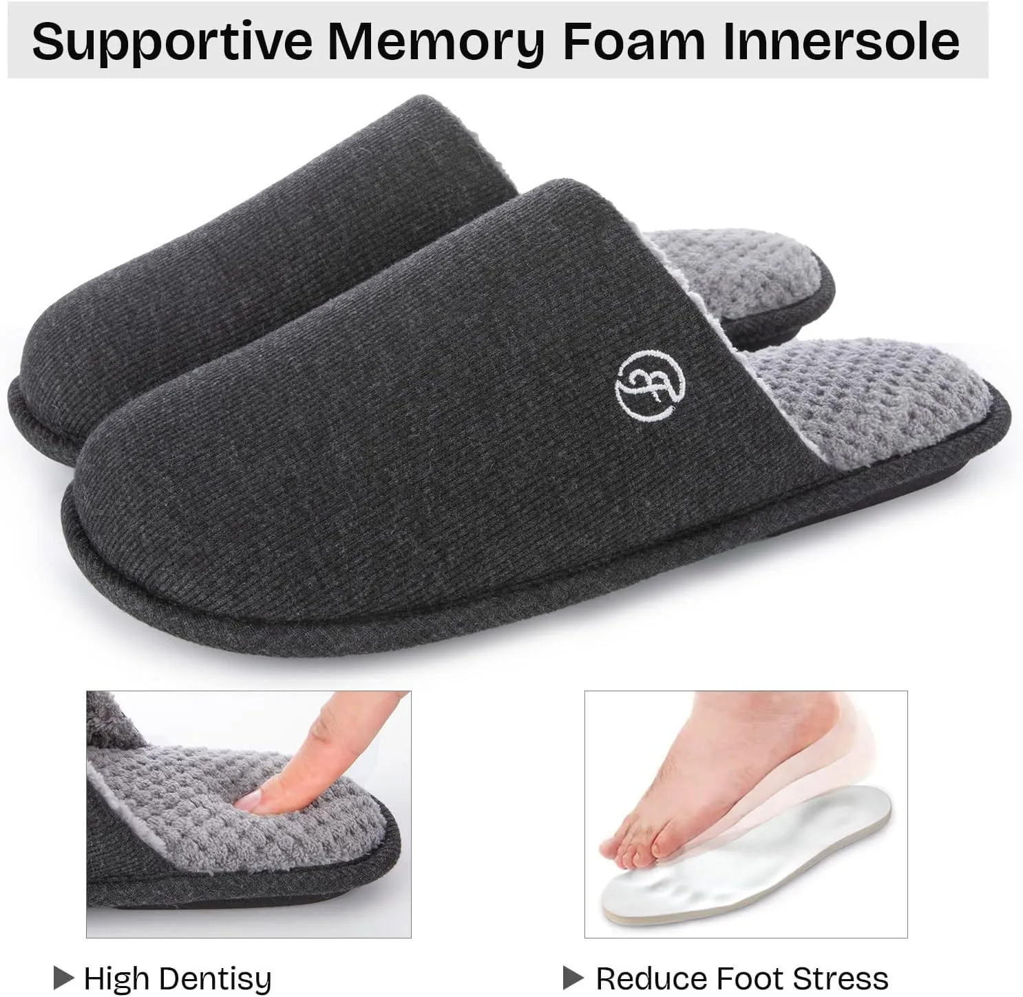 EverFoams Men's Cotton Knit Slippers Lightweight Memory Foam Indoor House Shoes with Anti-Skid Sole