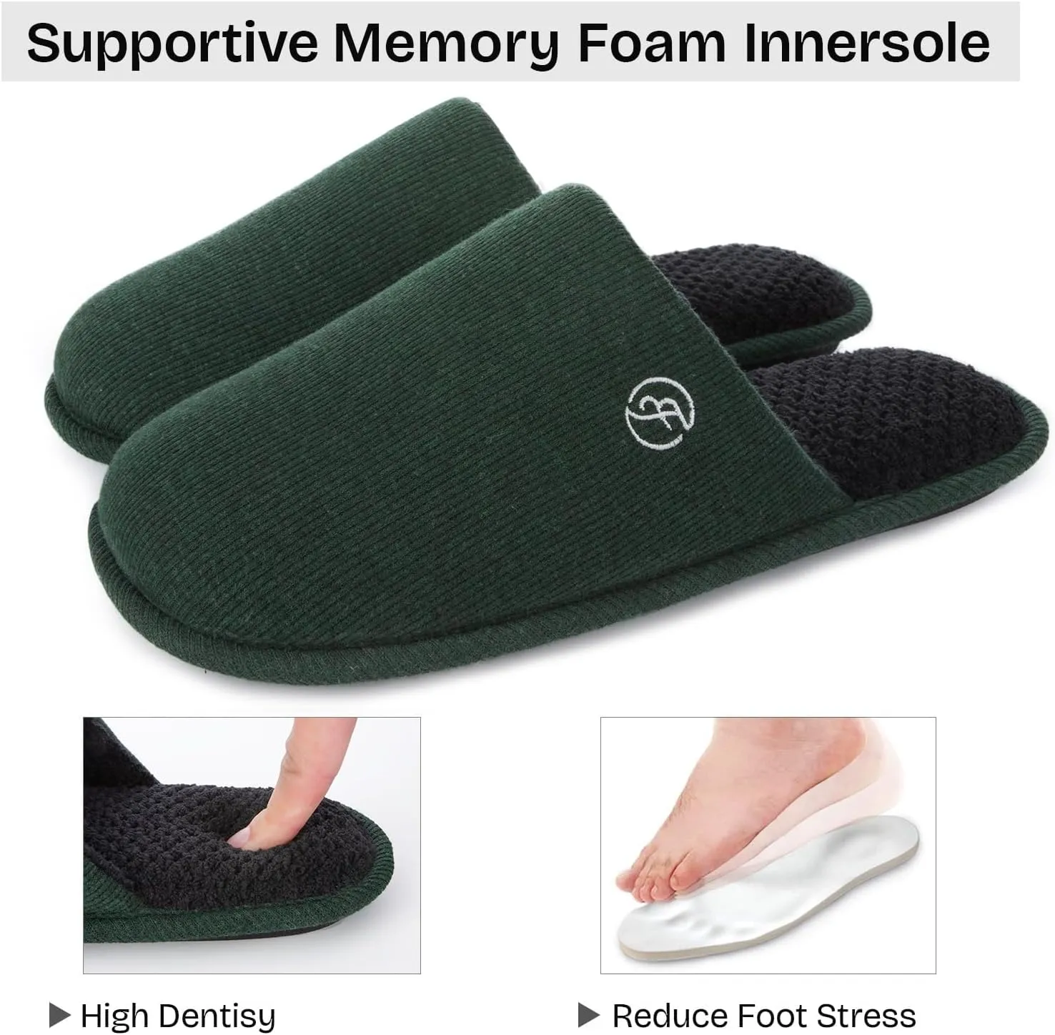EverFoams Men's Cotton Knit Slippers Lightweight Memory Foam Indoor House Shoes with Anti-Skid Sole