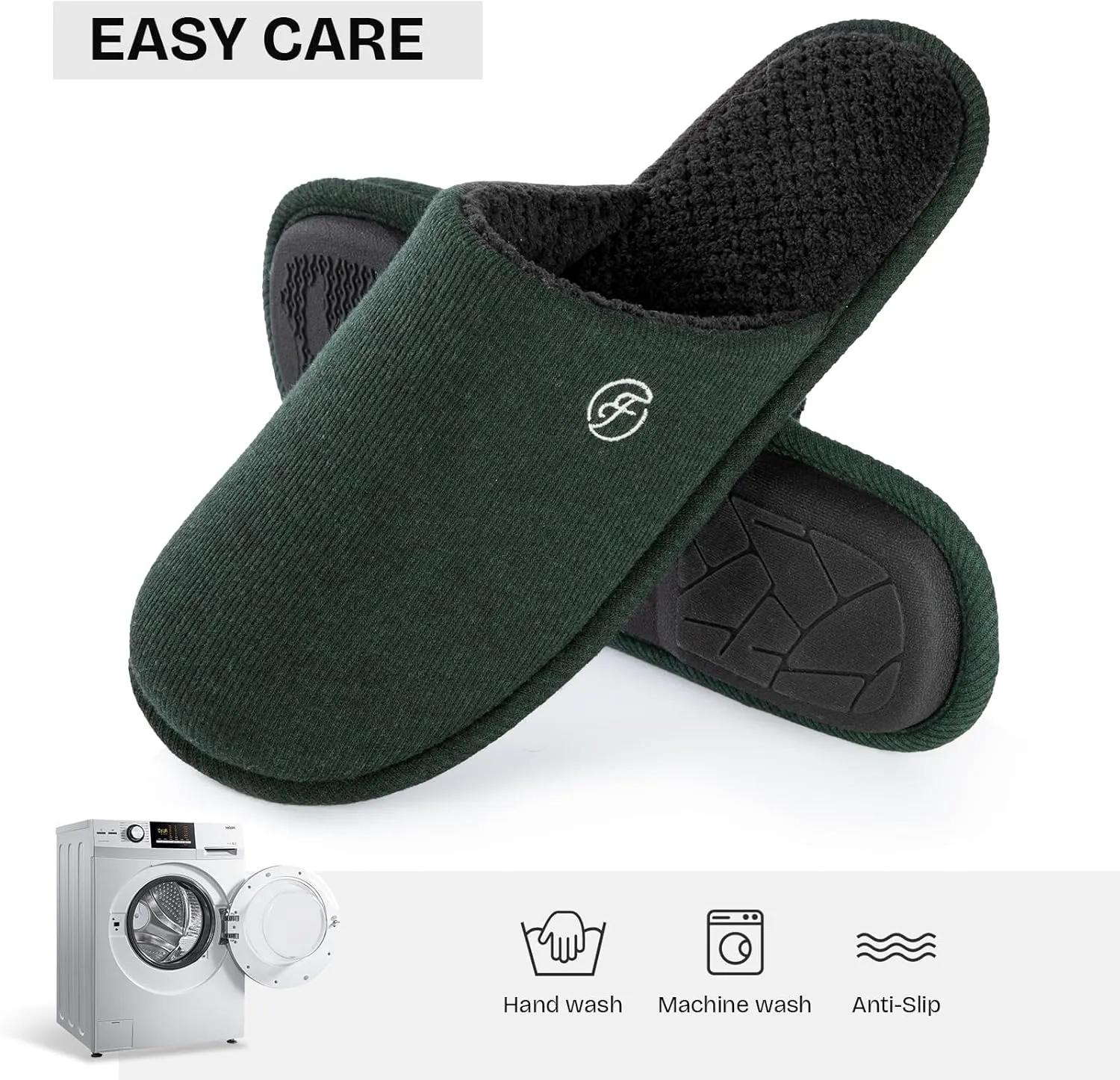 EverFoams Men's Cotton Knit Slippers Lightweight Memory Foam Indoor House Shoes with Anti-Skid Sole
