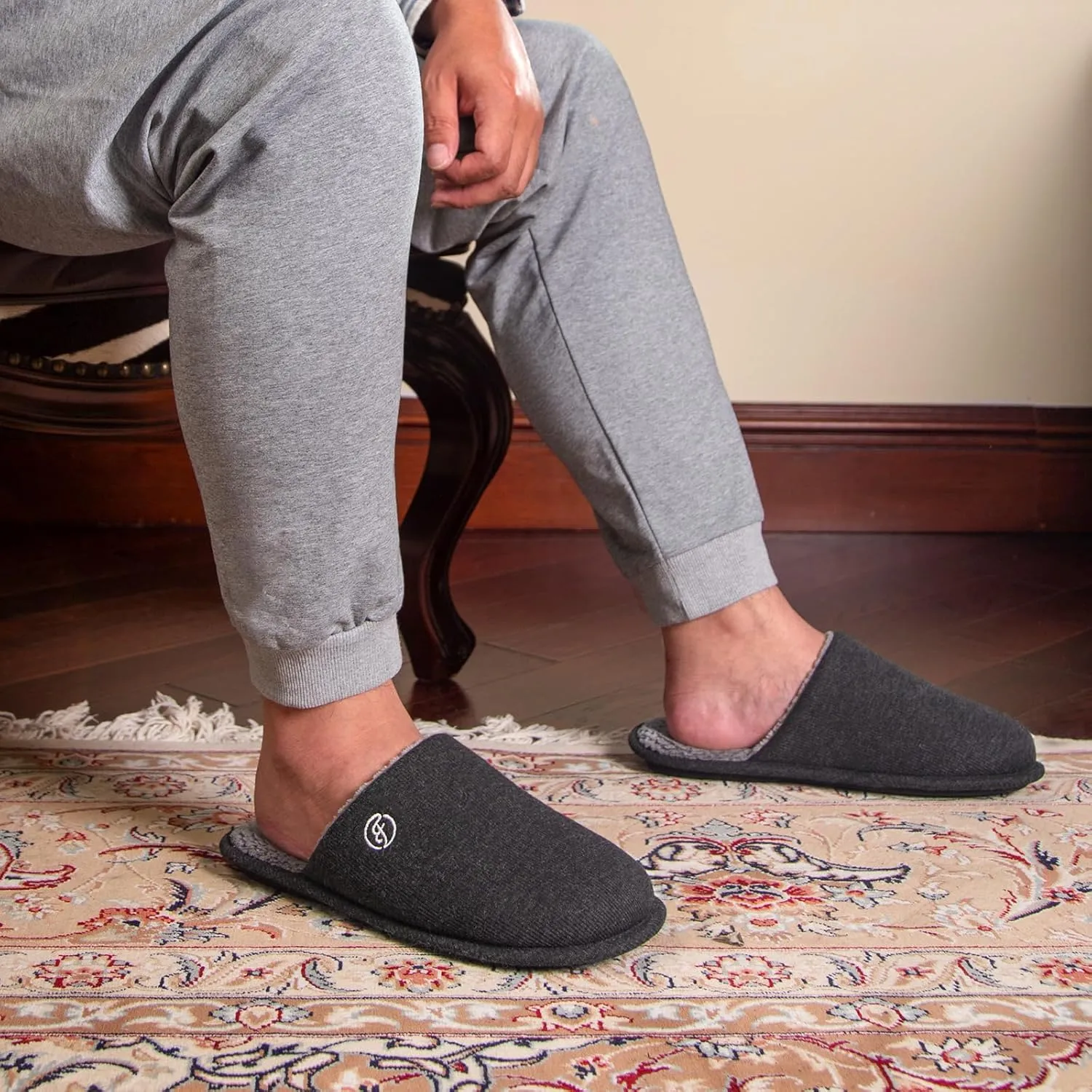 EverFoams Men's Cotton Knit Slippers Lightweight Memory Foam Indoor House Shoes with Anti-Skid Sole