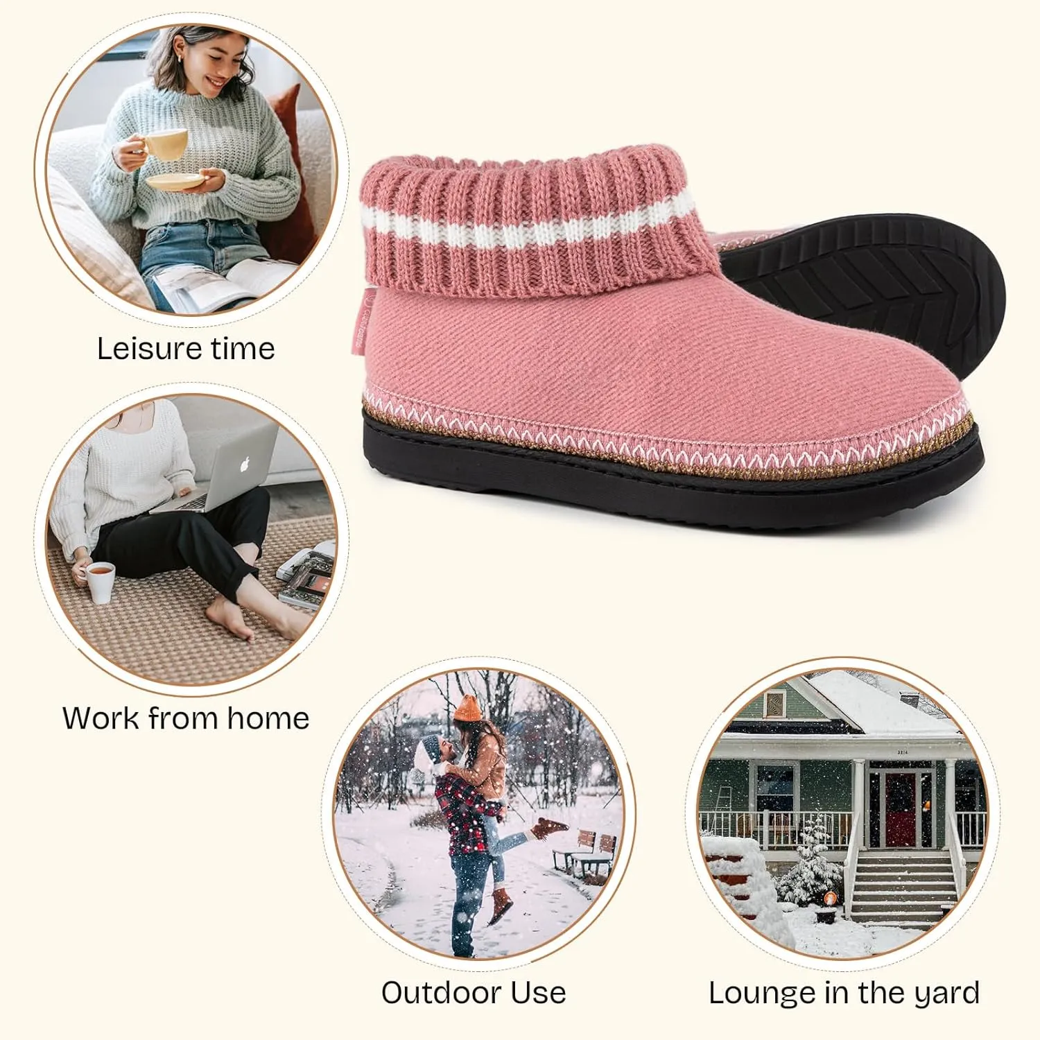 EverFoams Women's Bootie Slippers Non-slip Comfy Winter Indoor House Shoes with Knitted Collar