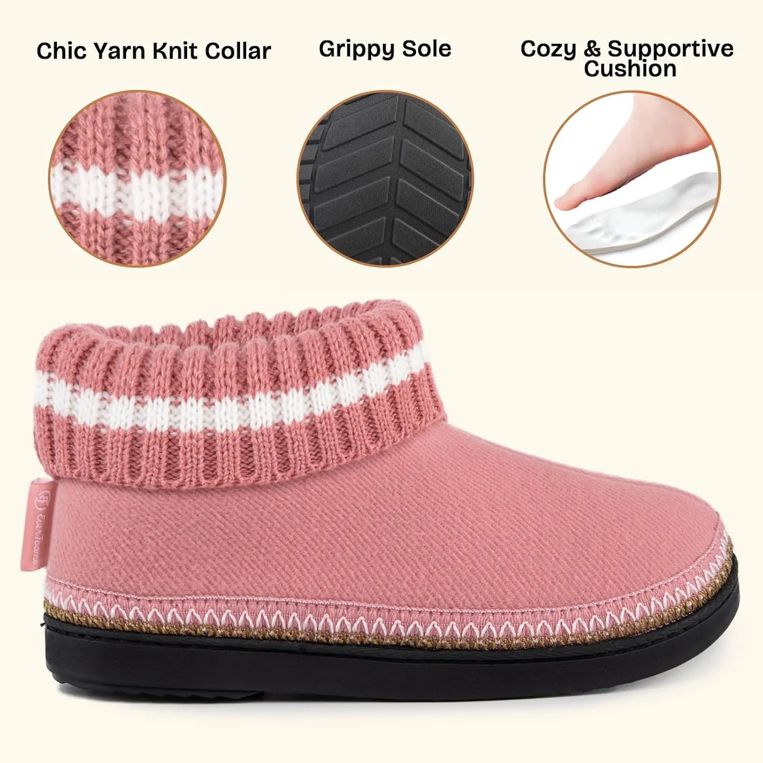 EverFoams Women's Bootie Slippers Non-slip Comfy Winter Indoor House Shoes with Knitted Collar