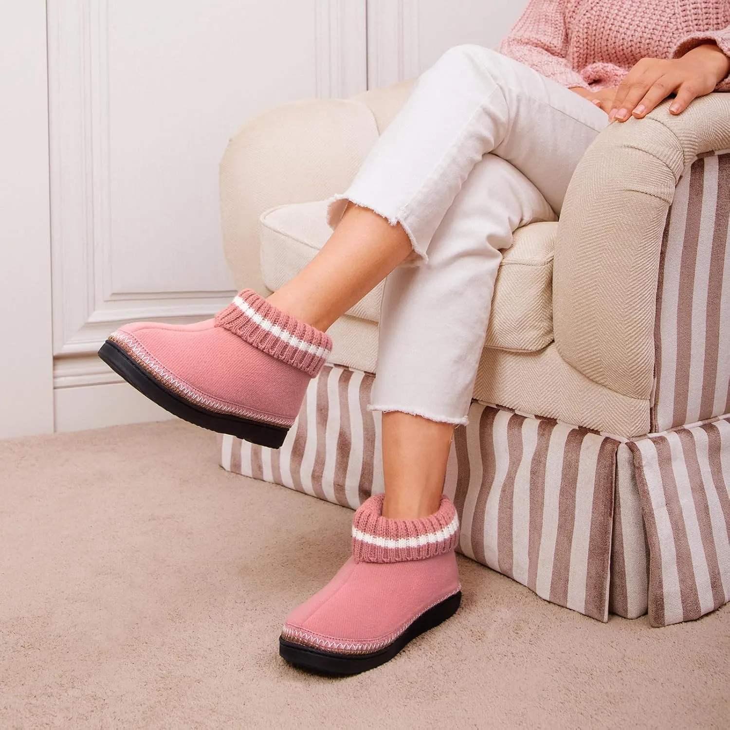 EverFoams Women's Bootie Slippers Non-slip Comfy Winter Indoor House Shoes with Knitted Collar