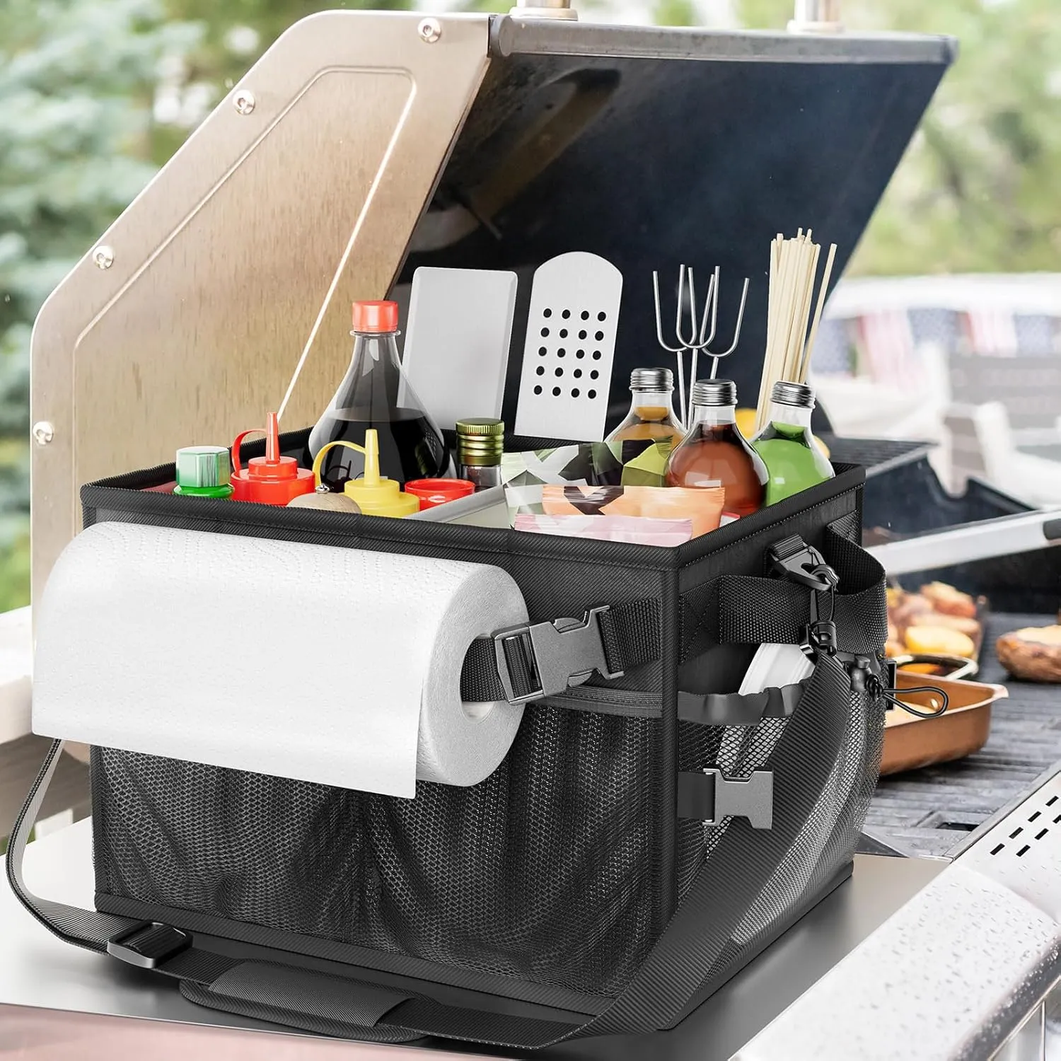 FANGSUN Grill Caddy, BBQ Caddy with Paper Towel Holder, Picnic Griddle Caddy for Outdoor Camping, Barbecue Accessories Storage Organizer for Utensil Grilling Tool, Must Have for Camper Tailgating Rv