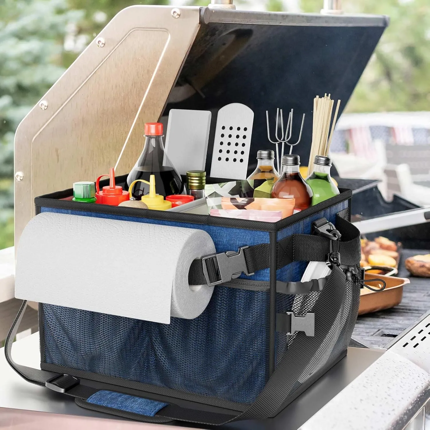 FANGSUN Large Grill and Picnic Caddy with Paper Towel Holder, BBQ Organizer for Utensil, Plate, Condiment, Collapsible & Easy Carry Griddle Caddy, Must Haves for Outdoor, Camper, Travel, Car, RV