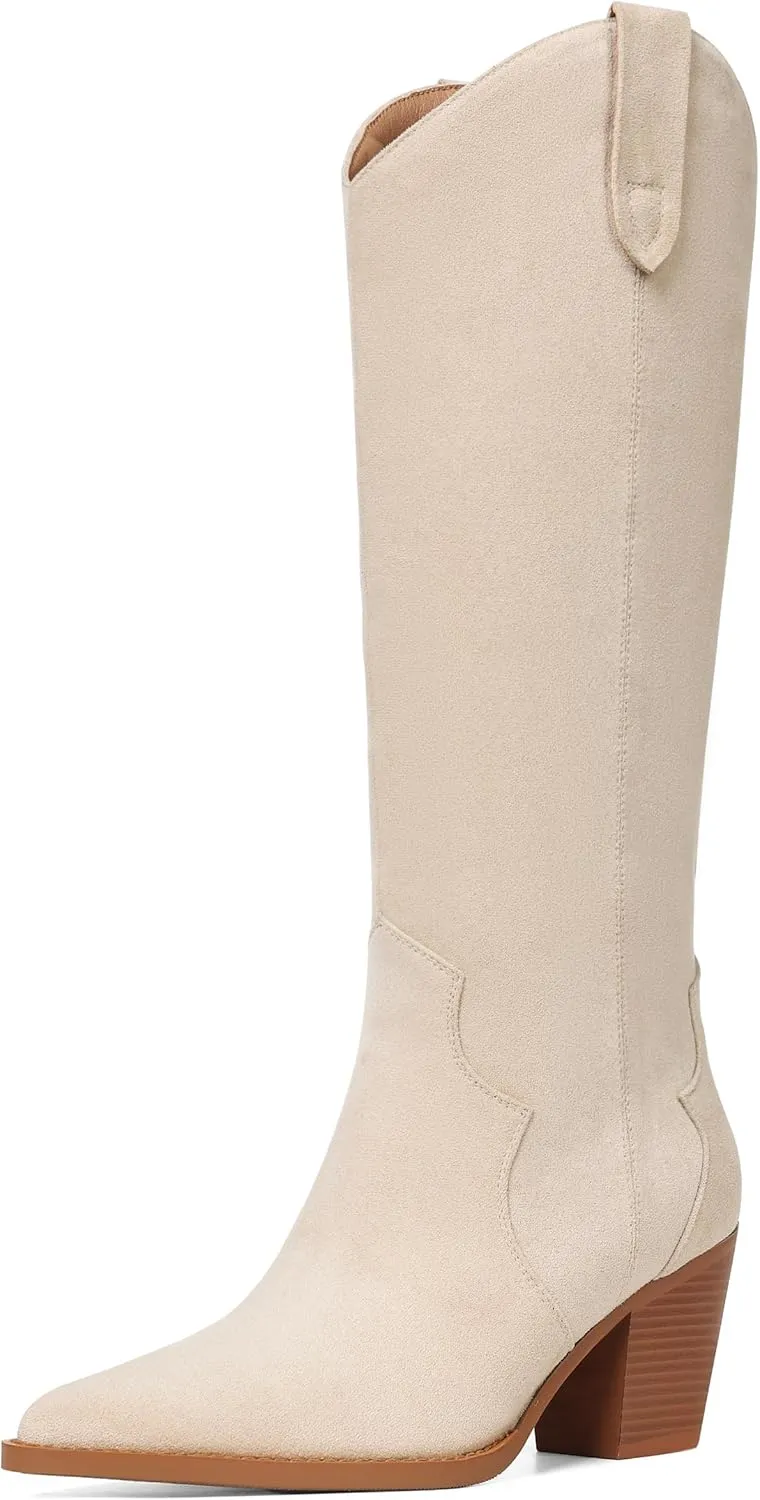 femflame Cowboy Boots for Women Pointed Toe Chunky Heel Knee High Boots Embroidered Western Boots