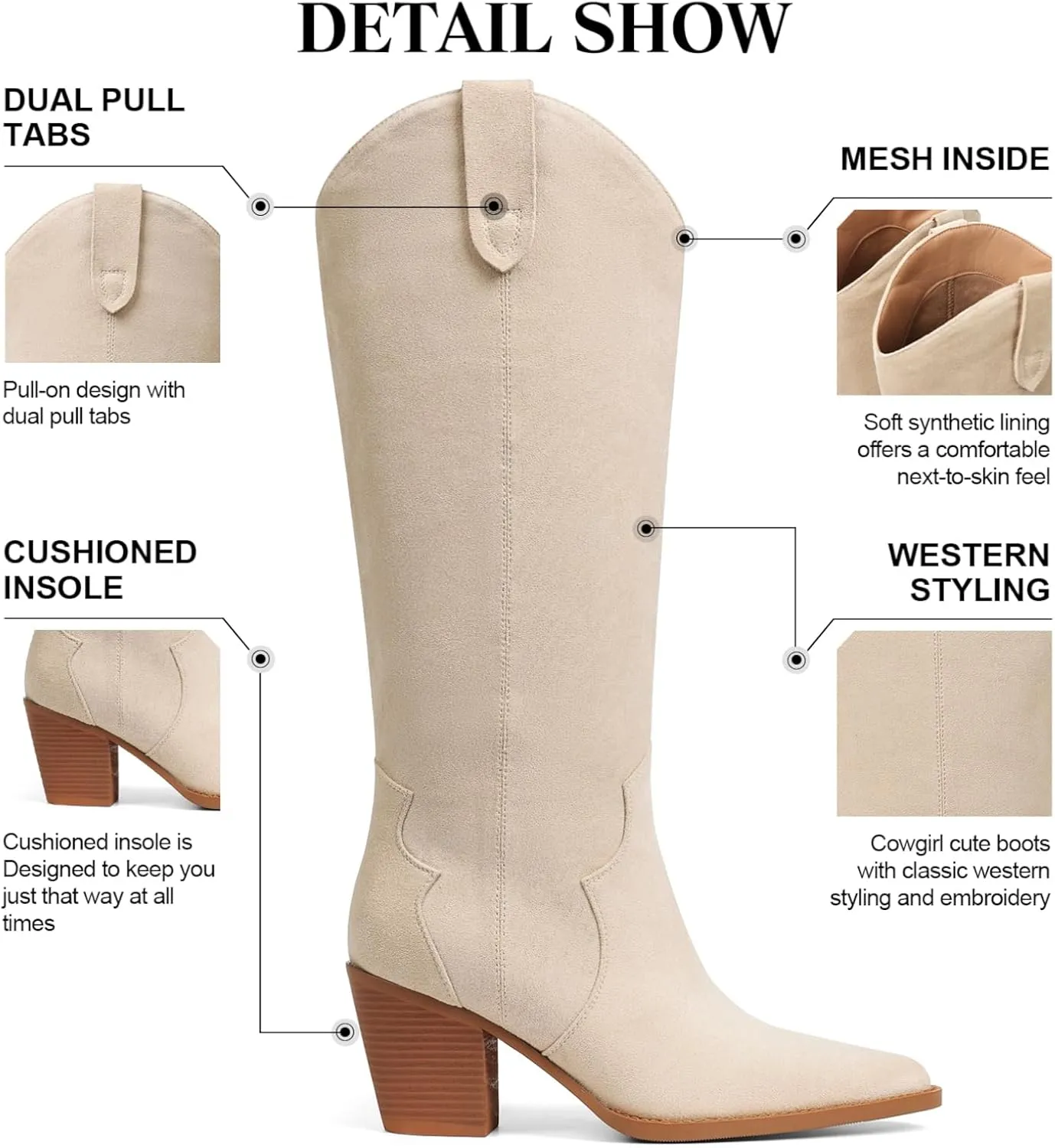 femflame Cowboy Boots for Women Pointed Toe Chunky Heel Knee High Boots Embroidered Western Boots