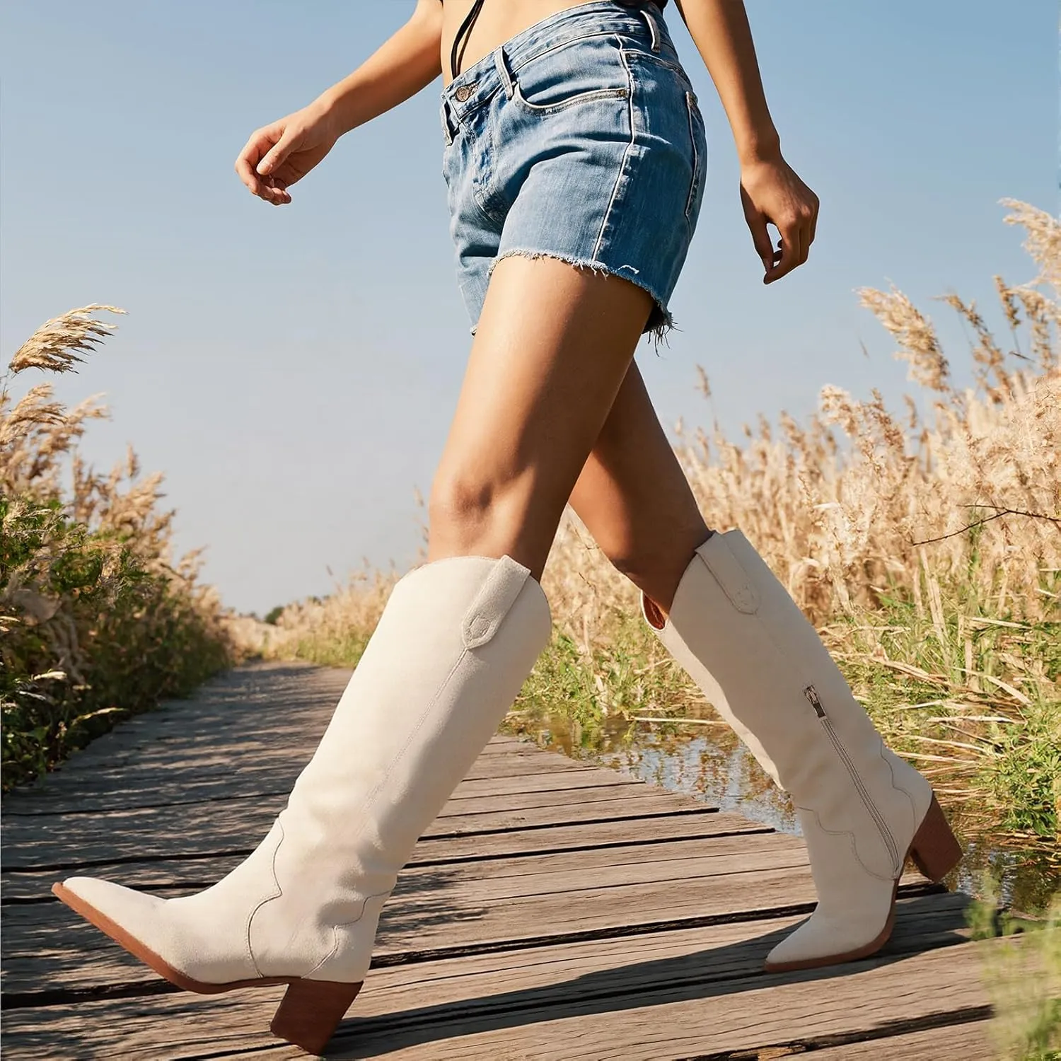 femflame Cowboy Boots for Women Pointed Toe Chunky Heel Knee High Boots Embroidered Western Boots
