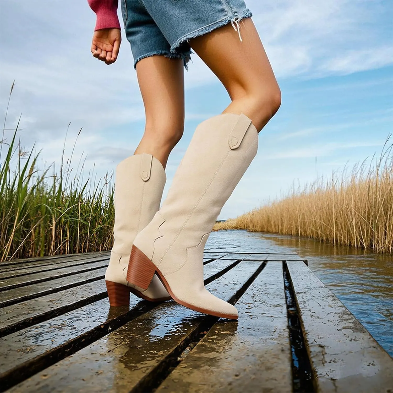 femflame Cowboy Boots for Women Pointed Toe Chunky Heel Knee High Boots Embroidered Western Boots