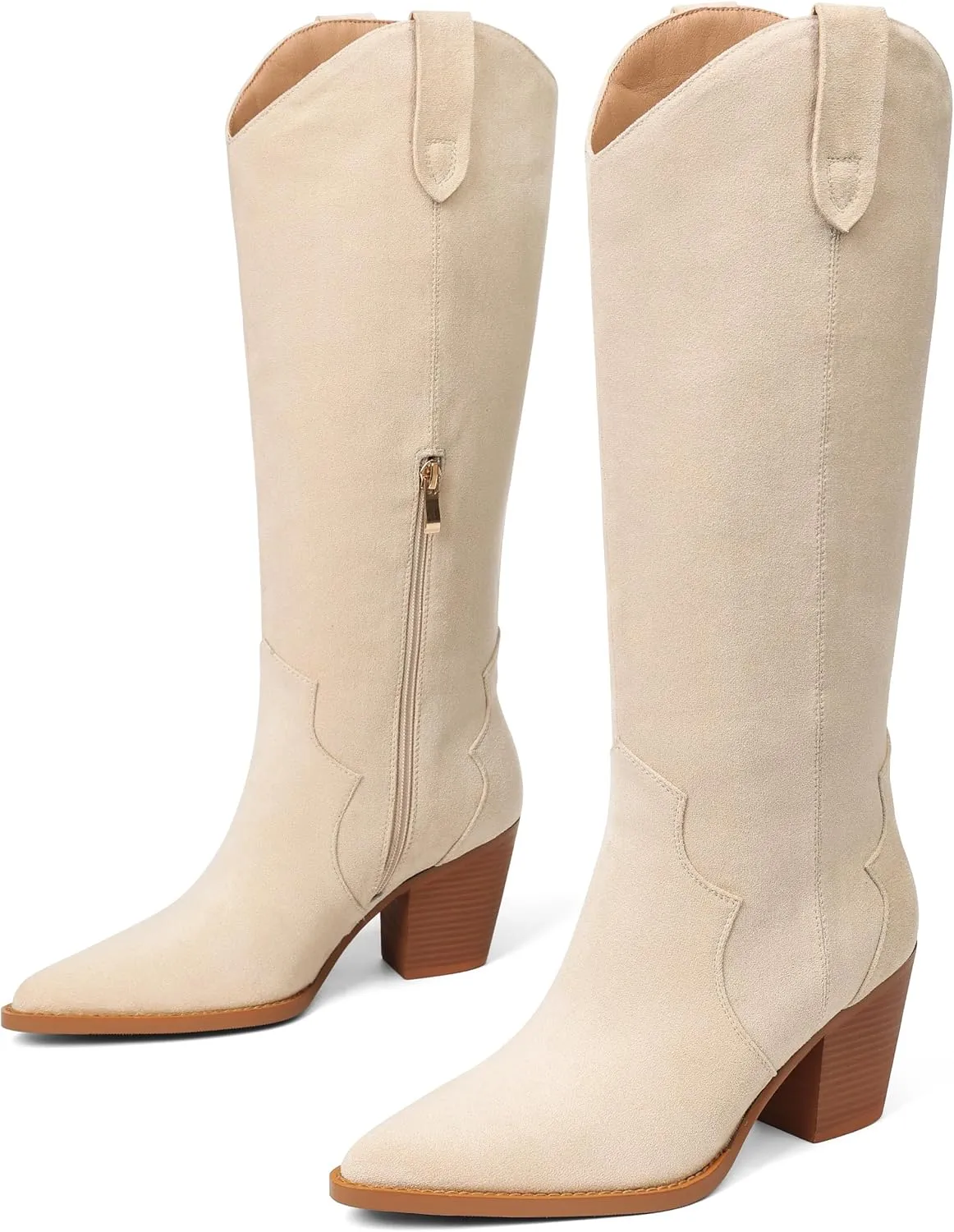 femflame Cowboy Boots for Women Pointed Toe Chunky Heel Knee High Boots Embroidered Western Boots