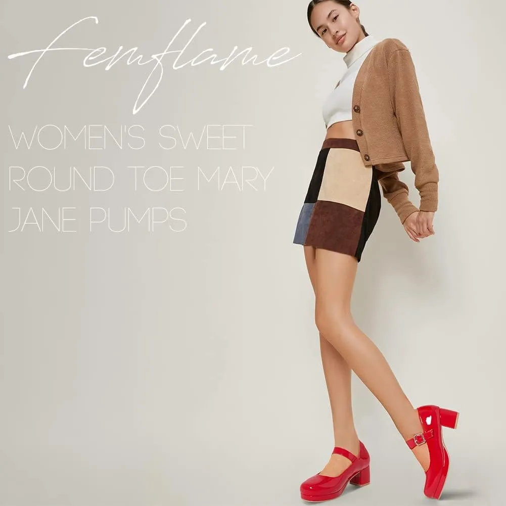 femflame Women's Low Chunky Heel Mary Jane Pumps Ankle Buckle Strap Sweet Round Toe Dress Shoes JK Cosplay Uniform Dress Shoes
