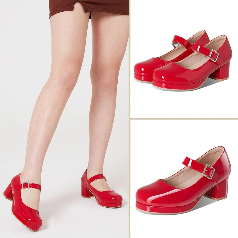 femflame Women's Low Chunky Heel Mary Jane Pumps Ankle Buckle Strap Sweet Round Toe Dress Shoes JK Cosplay Uniform Dress Shoes