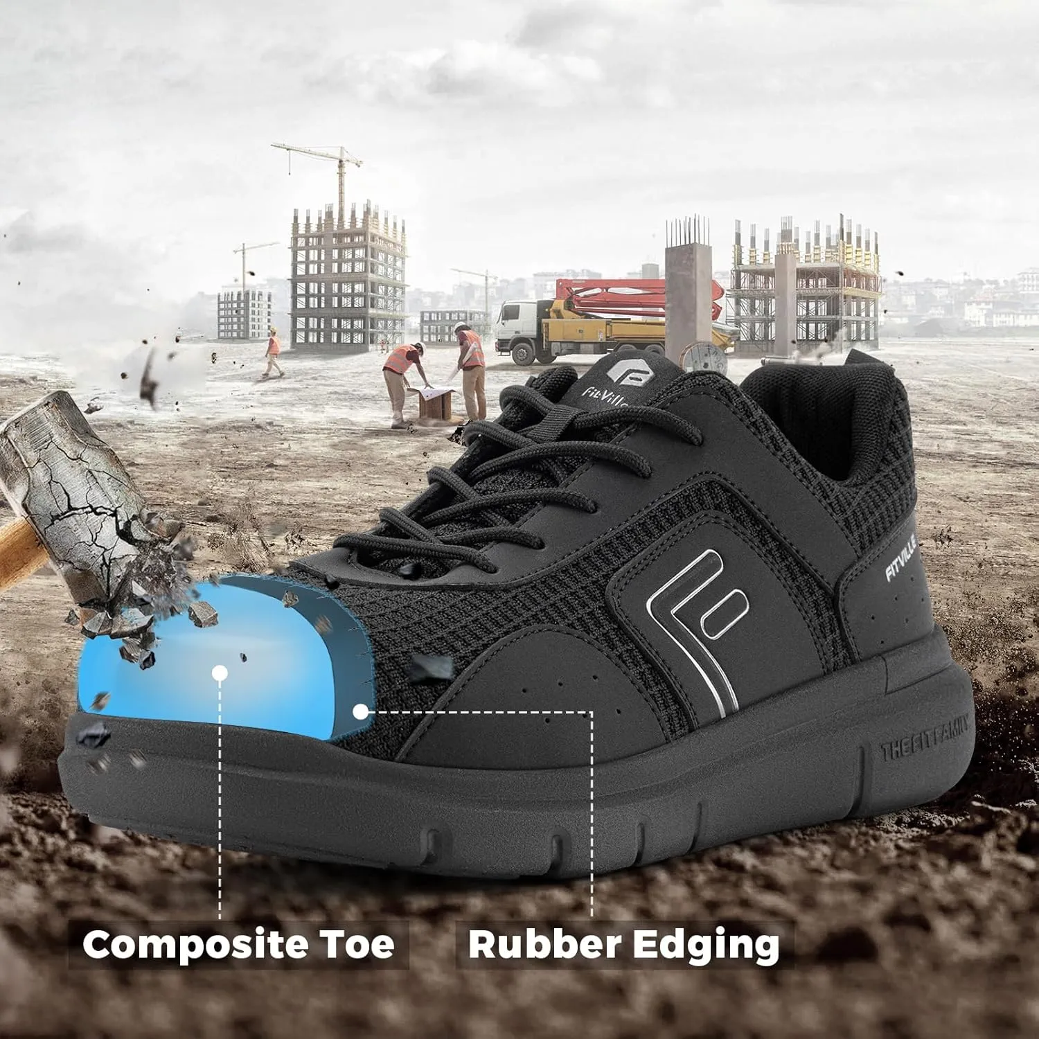 FitVille Exitra Wide Steel Toe Shoes for Men Puncture Proof Composite Toe Safety Work Shoes with Arch Support