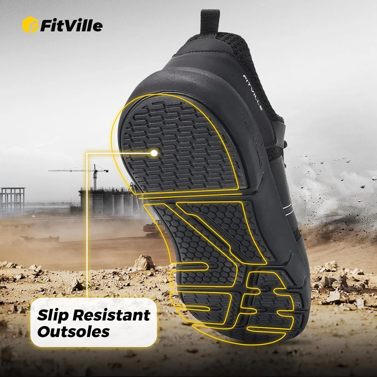 FitVille Exitra Wide Steel Toe Shoes for Men Puncture Proof Composite Toe Safety Work Shoes with Arch Support