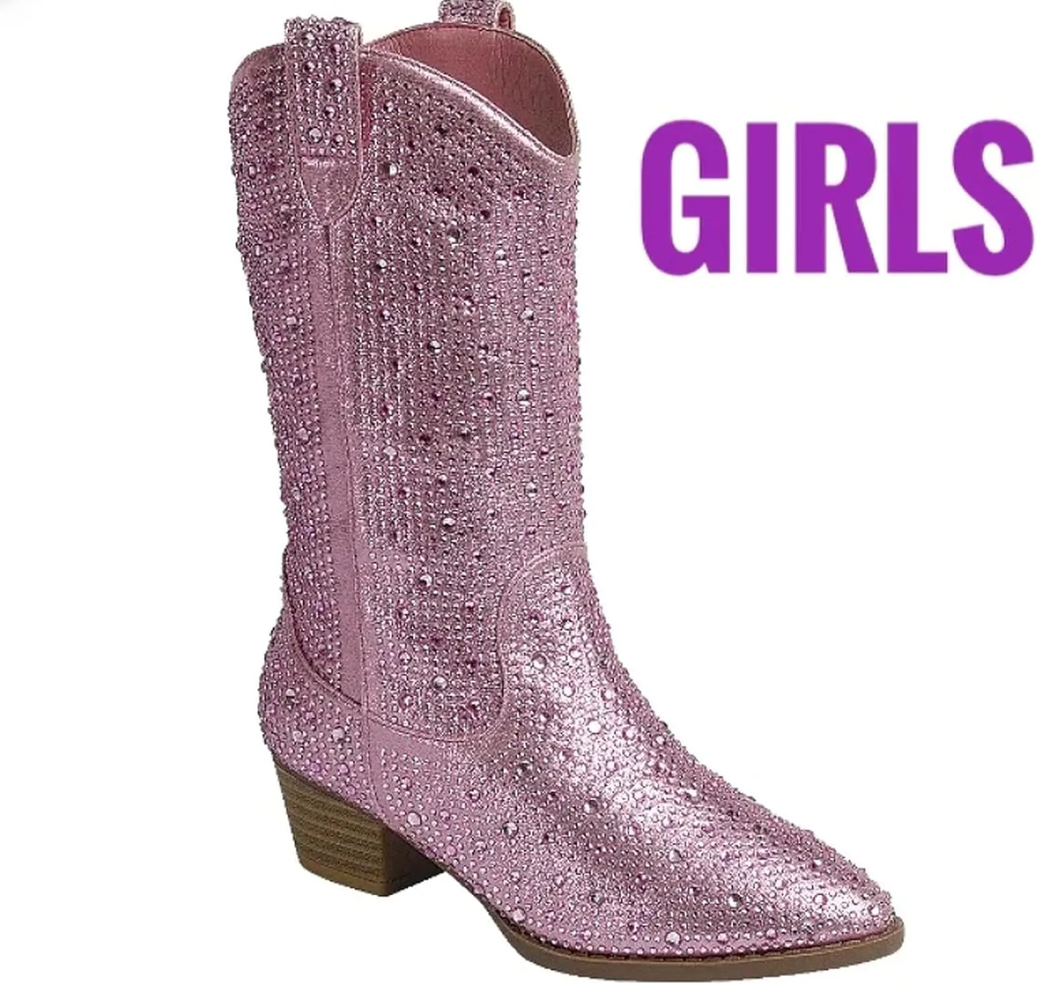 Forever Girls/Kids Rhinestone Western Cowgirl Cowboy Pointed Toe Low Heel Boots