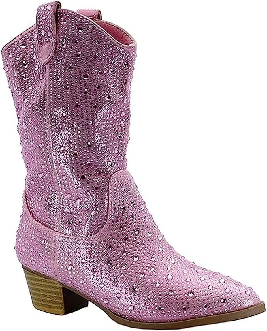 Forever Girls/Kids Rhinestone Western Cowgirl Cowboy Pointed Toe Low Heel Boots