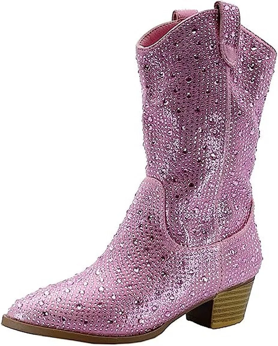 Forever Girls/Kids Rhinestone Western Cowgirl Cowboy Pointed Toe Low Heel Boots